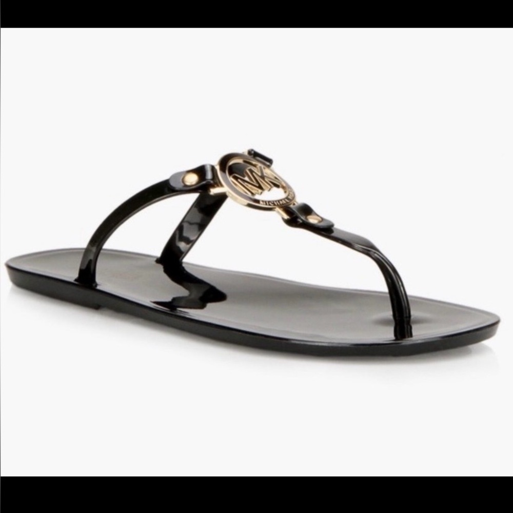 Michael Kors Black Flip-Flops with Gold Emblem
